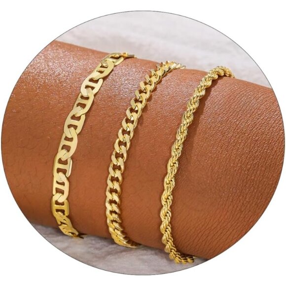 Gold Bracelet Set for Women Layered Link Rope Chain Adjustable Stack Jewelry - Picture 1 of 7